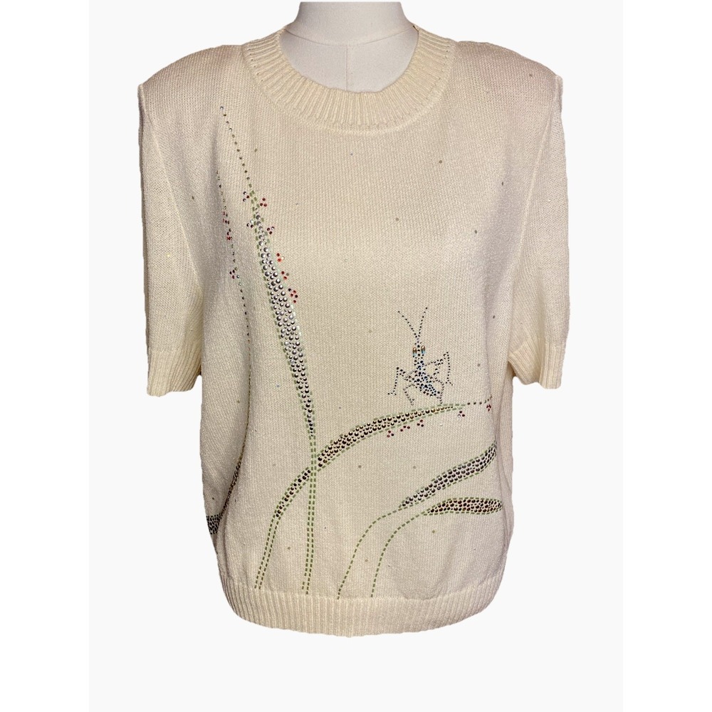 St. JOHN Sweater With Rhinstones  Size 14 Cream Top Rare Vintage Blouse